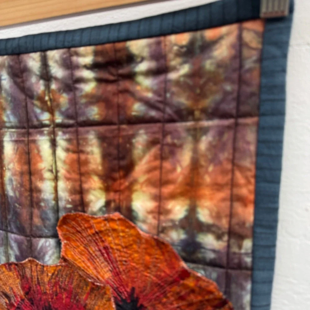 handmade tapestry Quilted Wall Hang Orange Floral Fiber Art Vase Flowers 3D
